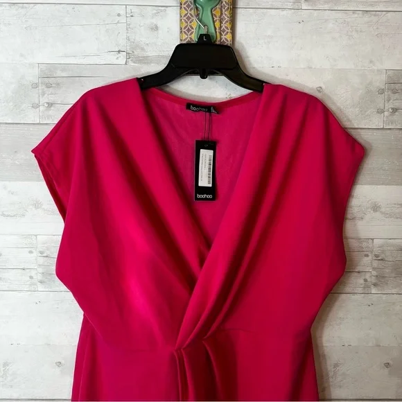 NWT Boohoo Wrap Front Midi Hot Pink Dress - Picture 4 of 4